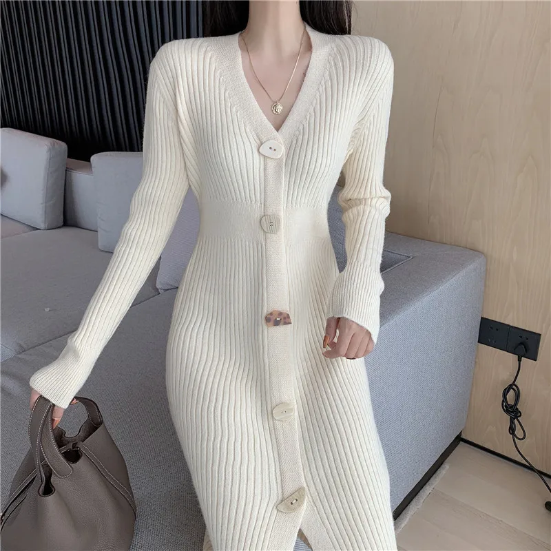 RICININA, вязаное платье для женщин, длинный рукав, v-образный вырез, пуговицы, одноцветное, тонкое, короткое платье для женщин, зима, весна, Женские Элегантные платья