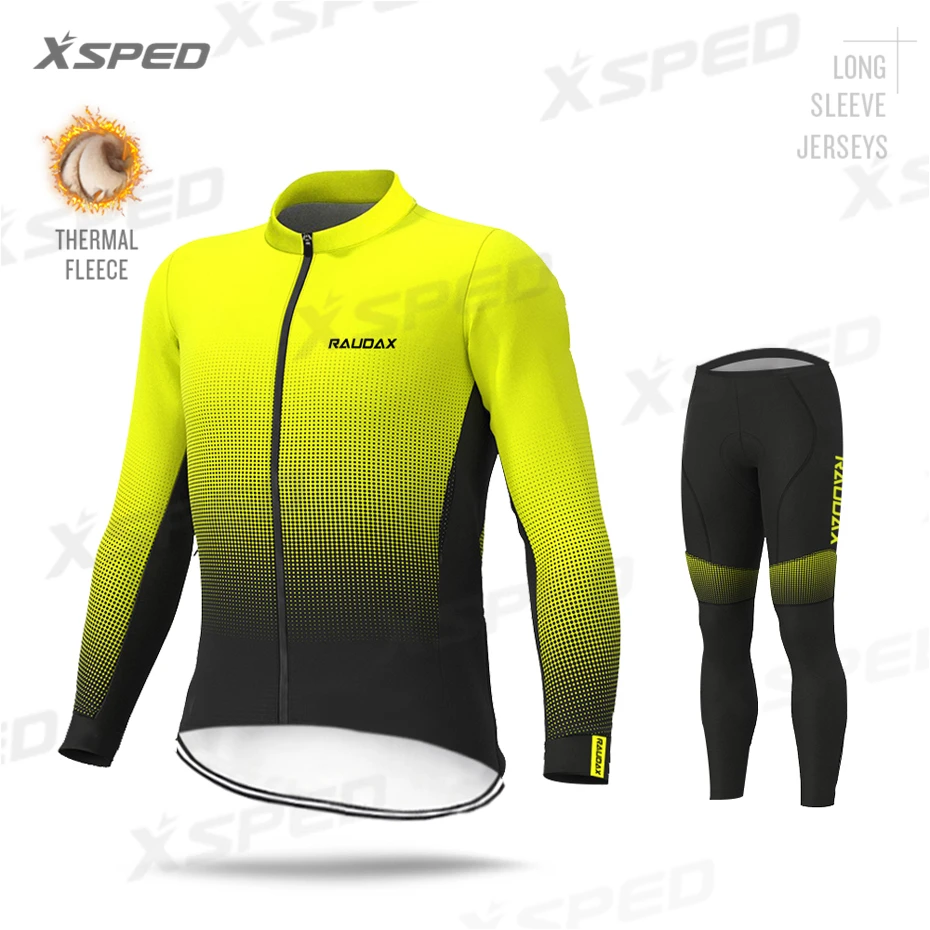 Normal Cycling Set Мужская одежда для велоспорта, комплект из Джерси с длинным рукавом, зимняя куртка из теплого флиса для горного велосипеда, командная форма, теплый костюм флуоресцентного желтого цвета - Цвет: Normal Cycling Set