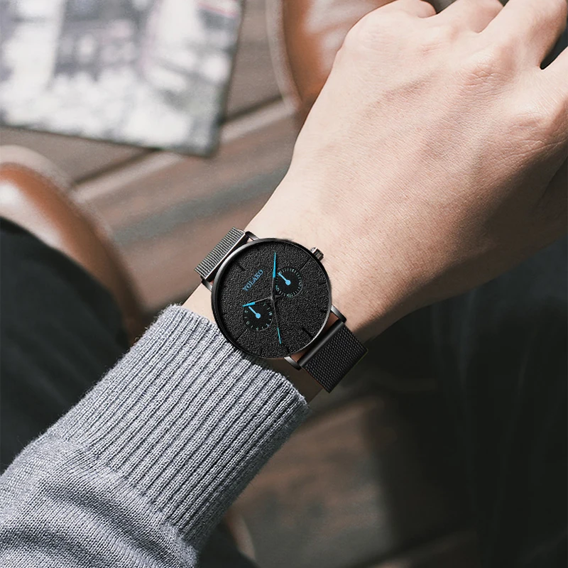 Новые часы с синим указателем, повседневные Модные кварцевые мужские часы с сетчатым ремешком, роскошные мужские наручные часы, часы Relogio Masculino