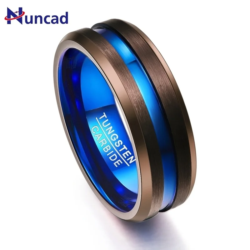 

2019 8mm width tungsten carbide Electroplated brown + blue blue trough matte surface with angled tungsten steel ring