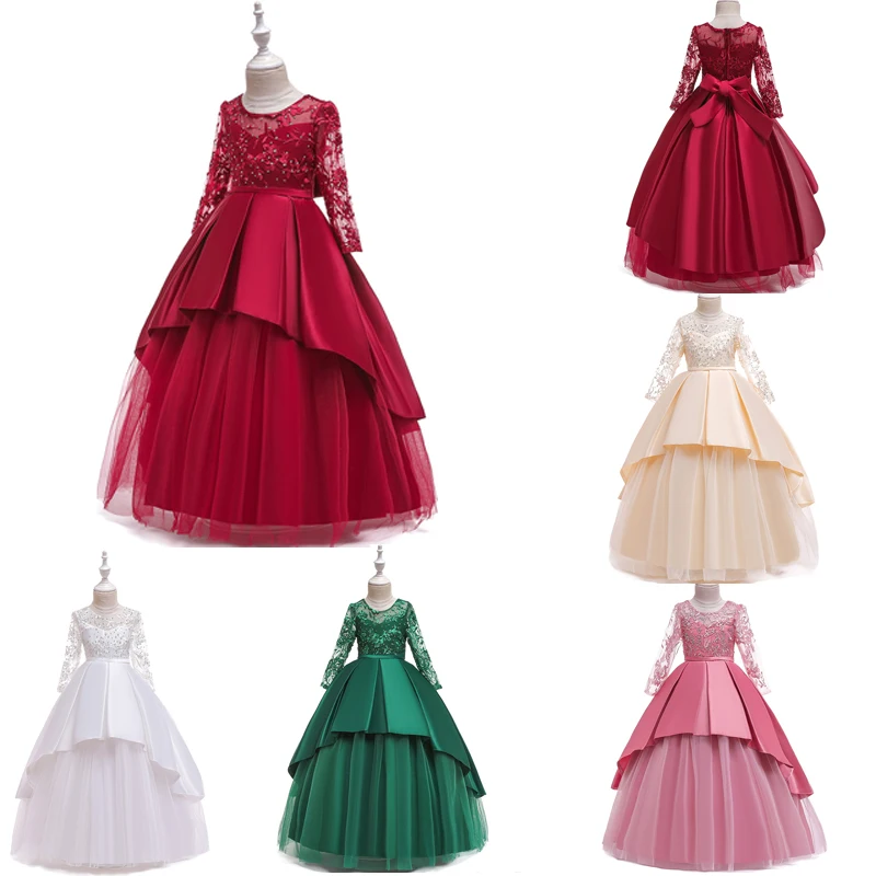 Детское платье новое длинное Сетчатое платье принцессы с вышивкой свадебное платье с длинными рукавами для девочек