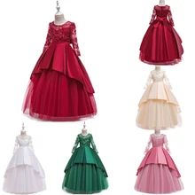 Детское платье новое длинное Сетчатое платье принцессы с вышивкой свадебное платье с длинными рукавами для девочек