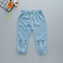 Г. Летние новые стильные детские тонкие противомоскитные штаны на гусеничном ходу штаны с вышитым котом для девочек модные штаны