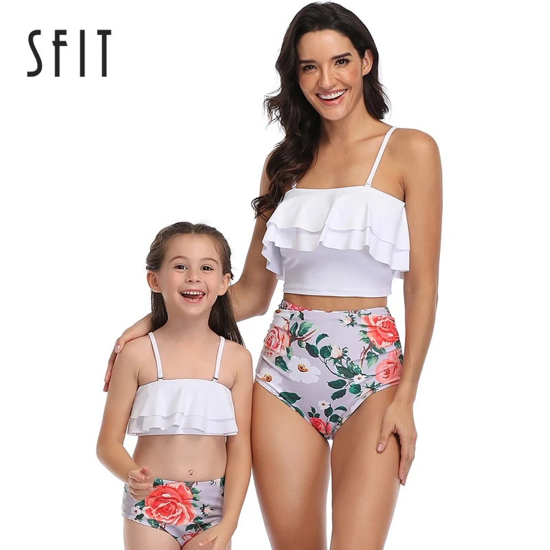 

Sfit 2019 Halter Family Bathing Suit Mother Daughter Bikini Set Swimsuit Mom Girl Children Kid Beach Swimwear High Waist Tankini