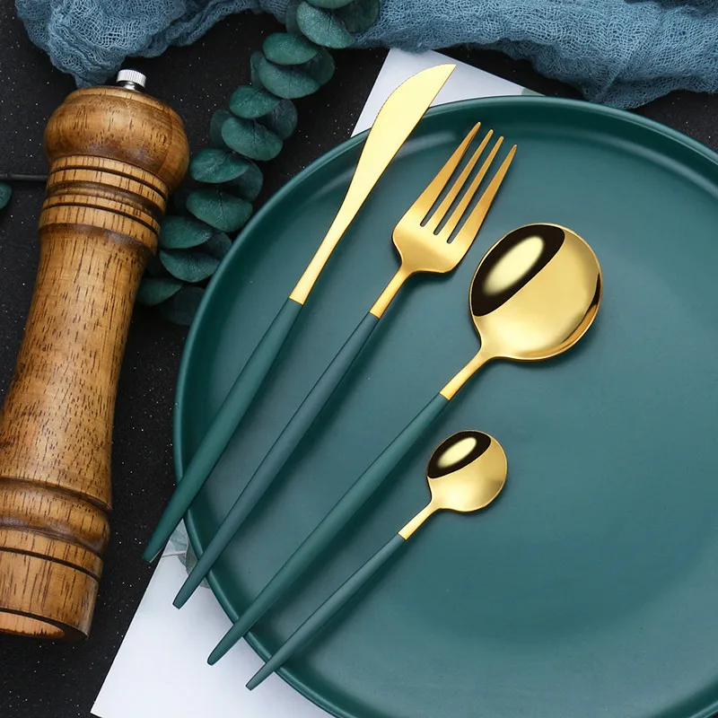Mirror Black Gold Stainless Steel Cutlery Set Christmas Tableware Dinnerware Set Coffee Ice Dessert Tea Spoons With Long Handle