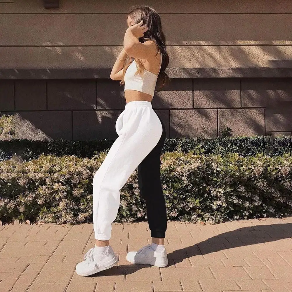 

Casual Women High Waist Sweatpants Black White Patchwork Sporty Pants Casual Loose Long Trousers