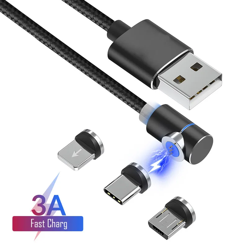 

3A Fast Charging Magnetic USB Cable 90 Degree L Type Micro USB Type C Data Cable for iPhone Samsung Xiaomi Huawei