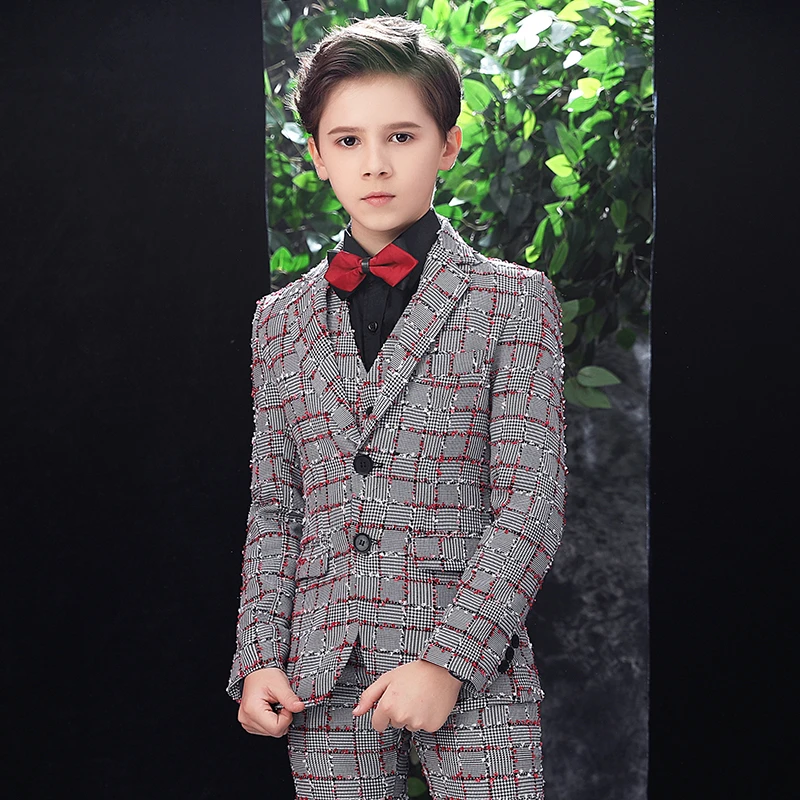 

Boys Formal Dress Suit Set Child Plaid Single-breasted Blazer Pants Vest Shirt Tie 5Pcs Clothes Set Kids Wedding Party Costume