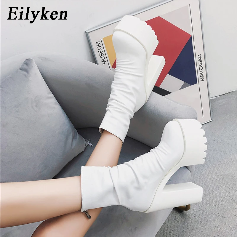 EilyKen/ г., новые зимние ботинки из искусственной кожи на высоком каблуке для отдыха женская обувь на молнии на платформе Рок-сапоги для верховой езды
