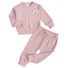 

Toddler Baby Girl Clothing Sets Autumn New Rainbow Embroidery Sweatshirt and Solid Long Pants Suit for Boy Cotton Kids Clothes