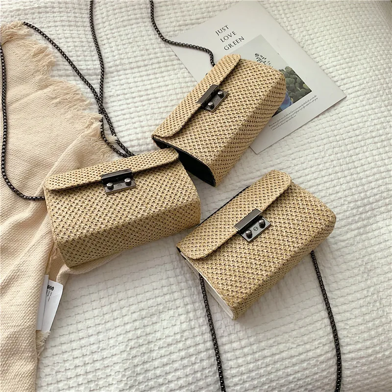 

Solid Color Retro Straw Chain Square Sling Bag 2019 Summer New Style One-Shoulder Oblique Weaving Beach WOMEN'S Bag