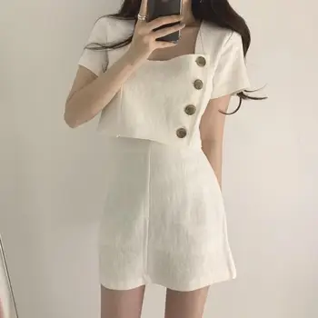 

CBAFU Cotton Linen Summer Two Piece Set Women Single Breasted Cropped Tops + High Waist Short Skirts Korean Matching Sets F532