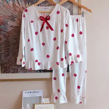 

Wholesale 2 Pcs Girls Sleepwear Nightgown Set Pajamas Female Autumn Silk Cute Bow Cartoon O Neck Plus Size Women Sleepwear 2019