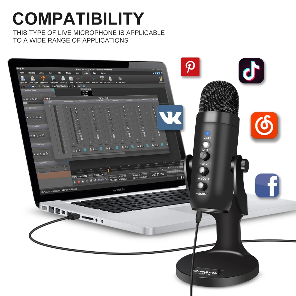 G-MARK USB Condenser Microphone For Computer Record Game Stream Podcast With Real-time Monitoring Headphone wireless microphone