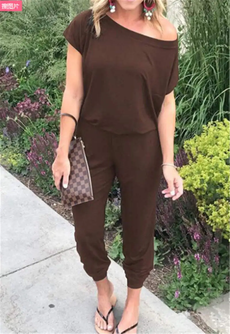 New Women Casual One-Shoulder Wide Leg Jumpsuit Fashion Ladies Summer Soft Loose Playsuit Bodycon Party Trousers Jumpsuit - Цвет: Коричневый