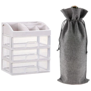 

12Pcs Non-Woven Fabric Linen Red Wine Bottle Glass Bag Gray & 1x Makeup Organizer Drawers Cosmetic Storage Box