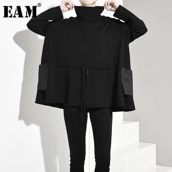 

[EAM] Loose Fit Black Drawstring Sweatshirt New High Collar Long Sleeve Women Big Size Fashion Tide Spring Autumn 2020 JQ0170