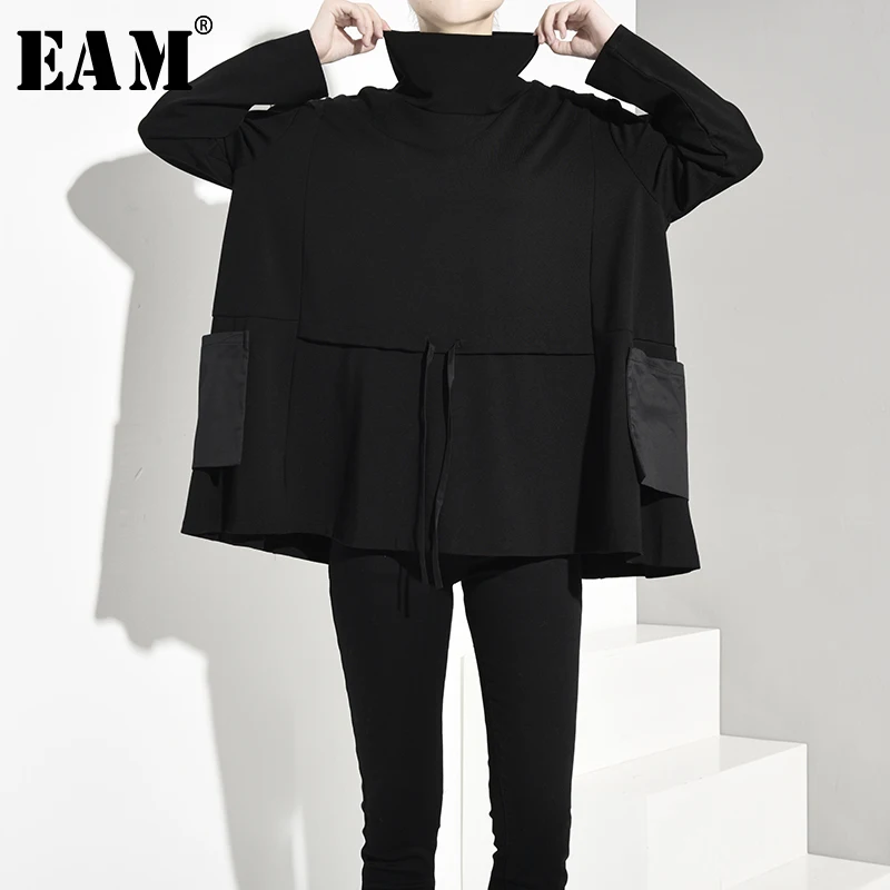 

[EAM] Loose Fit Black Drawstring Sweatshirt New High Collar Long Sleeve Women Big Size Fashion Tide Autumn Winter 2019 JQ0170