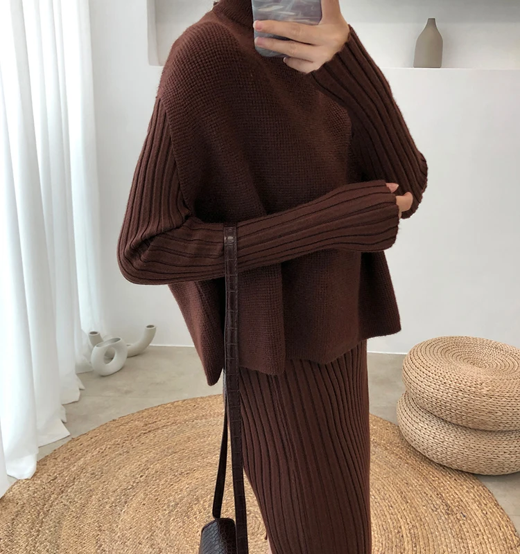 Ceny Na drutach kobiecy sweter garnitur dla damski zestaw dwuczęściowy dziergany sweter elegancki Knitting odzież garnitur