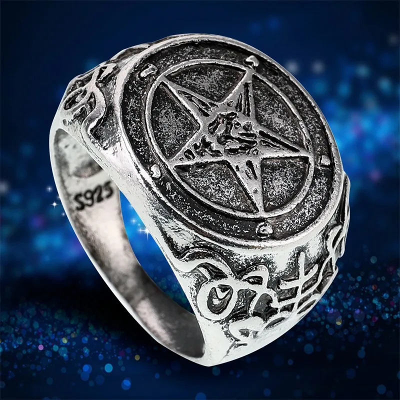 Unique Gothic Satan Pentagram Inverted Biker Skull Ring