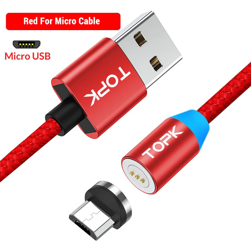 Red Micro Cable TOPK AM37 Быстрая зарядка Магнитный зарядный кабель mi cro usb type C кабель для iPhone X Xs Max 11 8 7 6 Xiaomi mi note 10 телефонные кабели - Цвет: Red Micro Cable