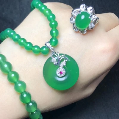 Набор из трех предметов Jade myelin, ожерелье, 925 серебро, инкрустированное зеленым нефритом, подвеска для ожерелья и сережек, кольцо, Женские Ювелирные изделия