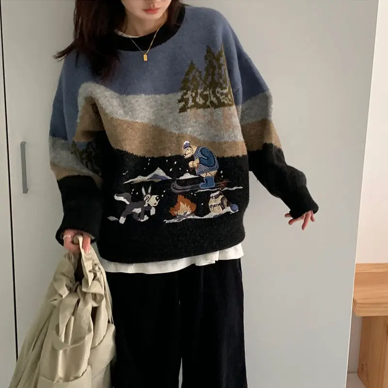 Woherb Pull Femme, осенне-зимний вязаный свитер в стиле Харадзюку, Женский контрастный пуловер с мультяшной вышивкой, джемпер, корейские свитера