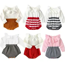 Новые детские комбинезоны для маленьких девочек и мальчиков 0-24 месяцев, вязаный свитер, милый комбинезон с длинными рукавами и оборками, комбинезон, комплекты одежды