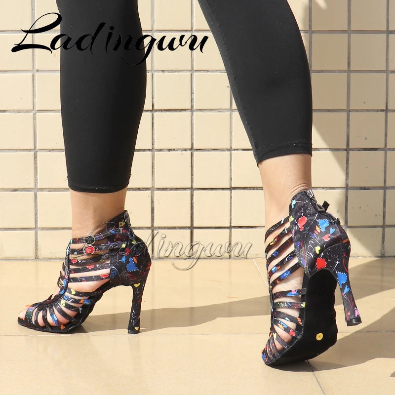Ladingwu New Modern Floral Satin Salsa Dance Boots Woman Girls Simple Style Latin Dance Shoes Soft Bottom Ballroom Shoes