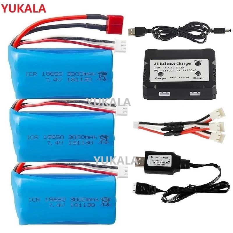 YUKALA 18650 7.4V 3000MAH Li-ion Battery 2S for Wltoys 144001 10428 12428 12423 Q46 RC Car Parts /Charger 7.4 V 3000 MAH | Игрушки и