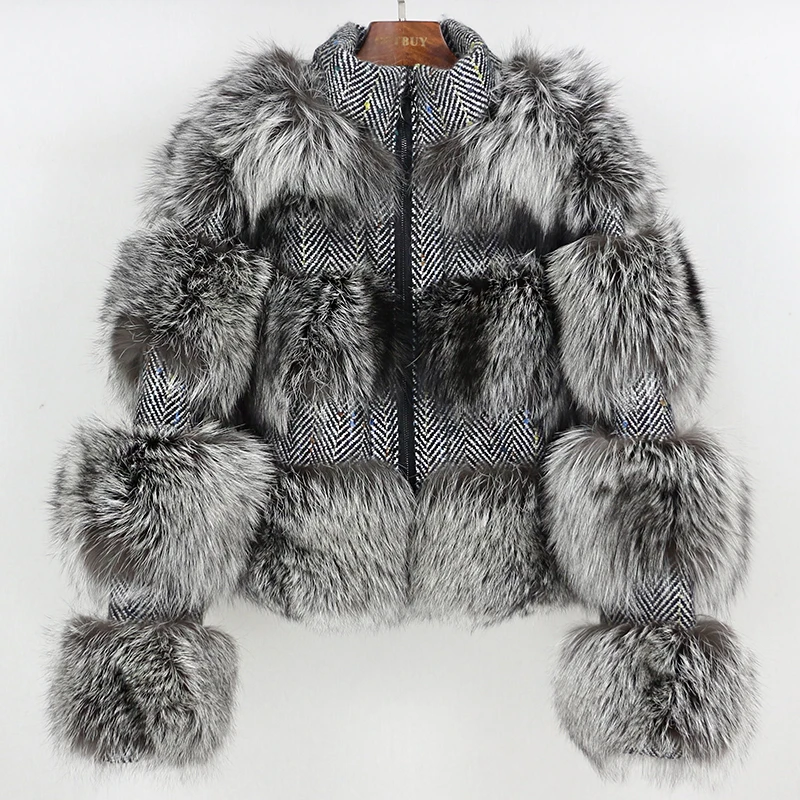 silver ZDFURS* брендовый стиль зимняя куртка женская парка пальто из натурального меха енота шерстяное пальто куртка-бомбер уличная одежда - Цвет: silver