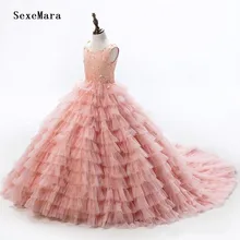 Розовое платье с цветочным узором для девочек на заказ для свадебной вечеринки; бальное платье маленькой принцессы; кружевное платье с бисером для дня рождения; реальное изображение