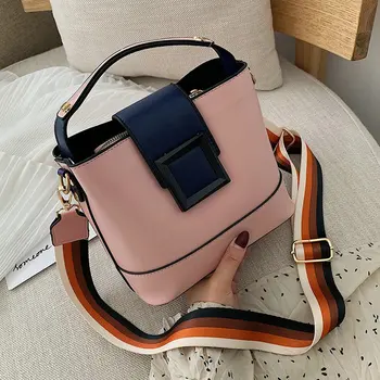 

Candy Color Leather Crossbody Bag For Women Shoulder Bag Brand Designer Women Bag Stripe Wide Strap Flap Bucket Bag Handbag 6221