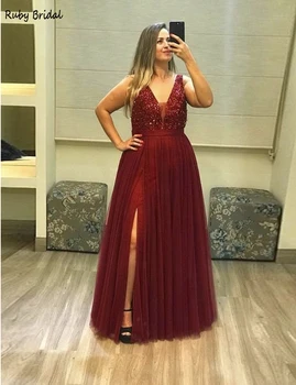 

Ruby 2020 V-Neck Beads Bodice A Line Long Evening Dress Burgundy Tulle Party Elegant Vestido De Festa Prom Gowns RE204