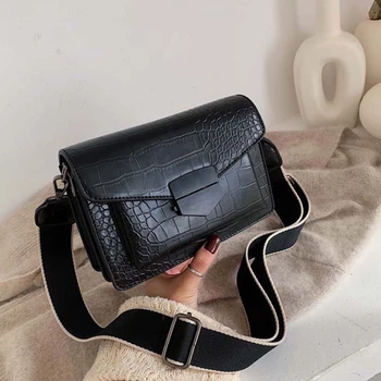 

Crocodile Wide Strap Shoulder Bags For Women Vintage Buckle Women Messenger Bag Simple Pu Solid Color Lady Travel Crossbody Bags