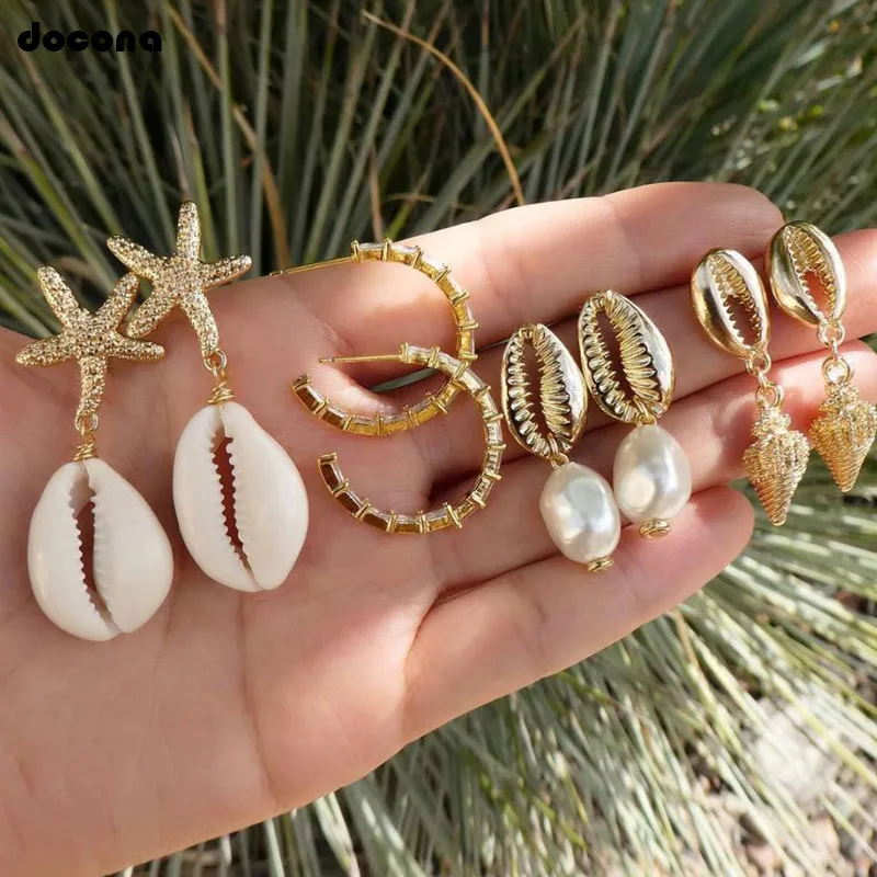 Docona 4 пары/1 комплект богемные Seashell Cowrie Морская звезда жемчуг Золотой пирсинг Висячие серьги-капли для женщин пляжные вечерние ювелирные изделия F02101