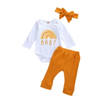 

0-24M Newborn Infant Baby Girls Boys Clothes Sets Baby Boy Girl 3Pcs Letter Rainbow Print Long Sleeve Romper Tops Pants Headband
