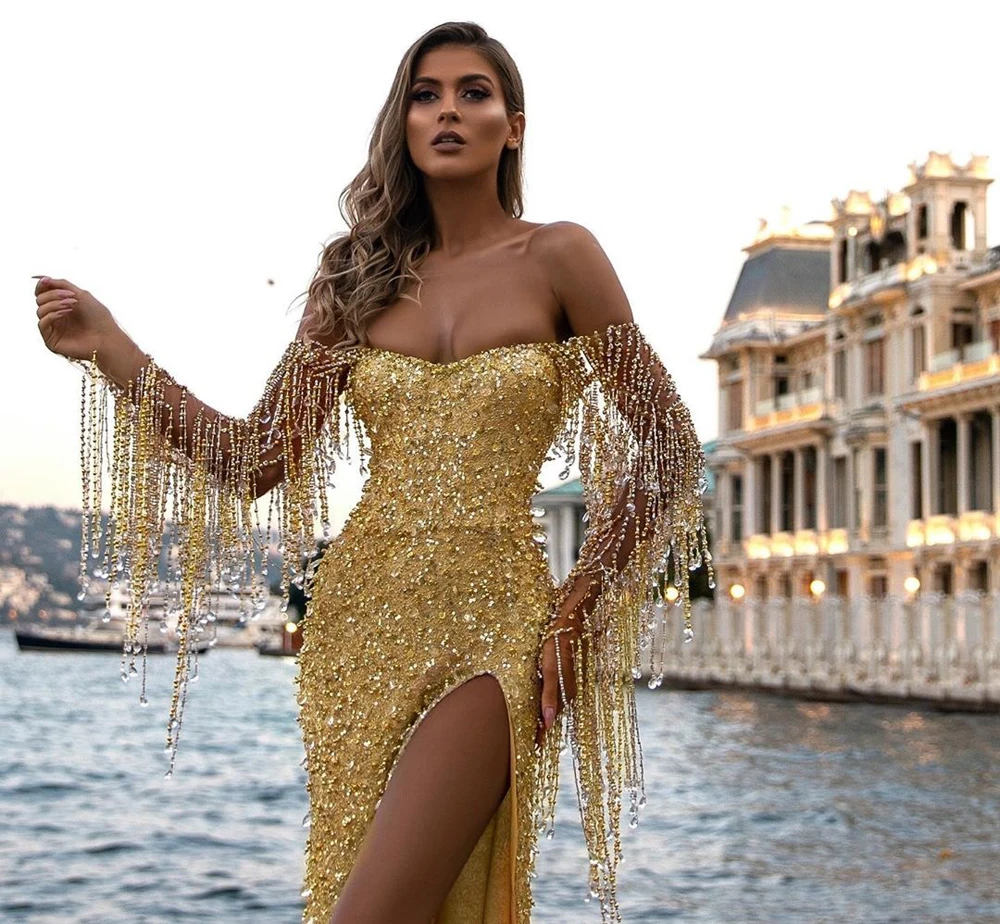 Sexy Sequins Mermaid Formal Evening Dresses Crystal Beaded 2020 Off the Shoulder Side Split Celebrity dresses suknie wieczorow Sexy Sequins Mermaid Formal Evening Dresses Crystal Beaded 2020 Off the Shoulder Side Split Celebrity dresses suknie wieczorow