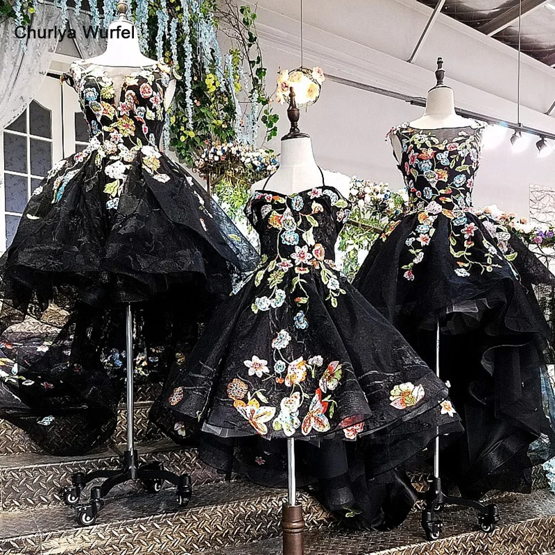 

LS00134 Black Short Front Long Back Evening Dress Lace Up Back Flowers Abendkleider Mother Daughter Gowns Real Photos