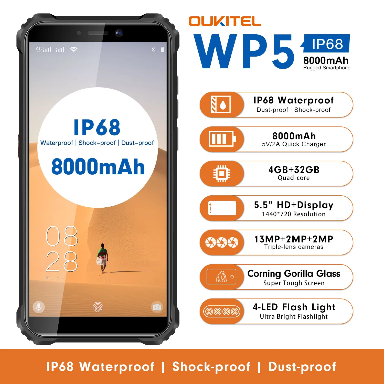 OUKITEL WP5 5.5 Inch 4G Rugged Smartphone IP68 Waterproof MT6761 Quad Core Mobile Phone 4GB 32GB 8000mAh Cellphone Triple Camera OUKITEL WP5 5.5 Inch 4G Rugged Smartphone IP68 Waterproof MT6761 Quad Core Mobile Phone 4GB 32GB 8000mAh Cellphone Triple Camera