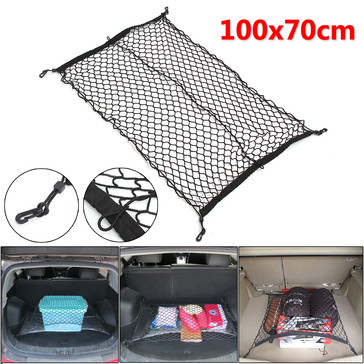 

100 x 70cm Universal Black Nylon Car Trunk Net Luggage Storage Organizer Bag Rear Tail Mesh Network With 4 Hooks cargo net