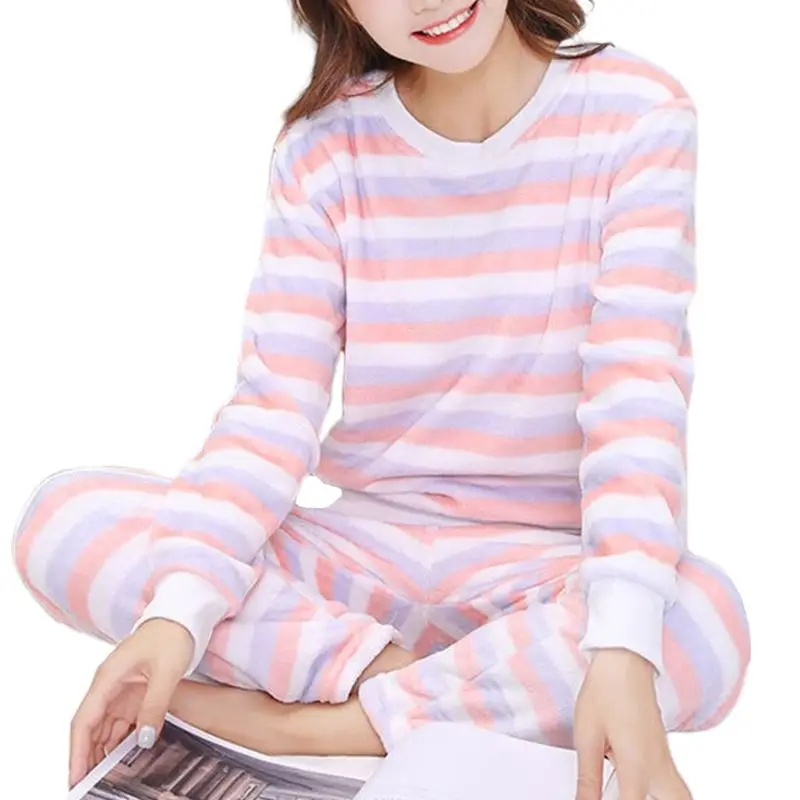 Женская зимняя Фланелевая пижама с длинным рукавом и О-образным вырезом, топы с эластичной резинкой на талии, штаны, милая теплая Пижама с мультяшным принтом, домашняя одежда - Цвет: 19