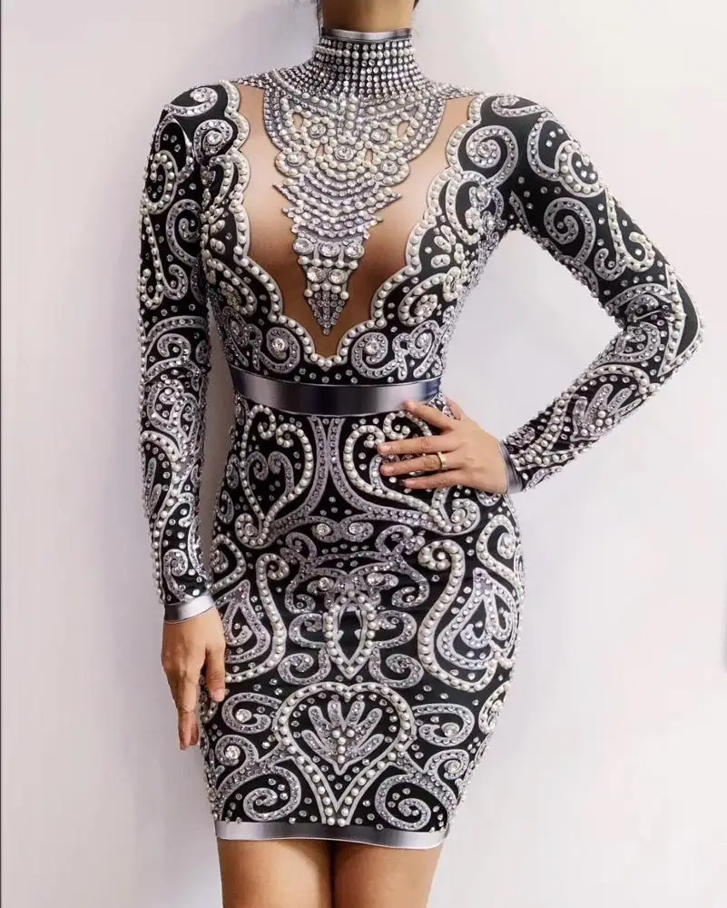 

Rhinestones Pearls Long Sleeves Dress Sexy Spandex bodysuit Women Singer Outfit Birthday Celebrate Evening Dress