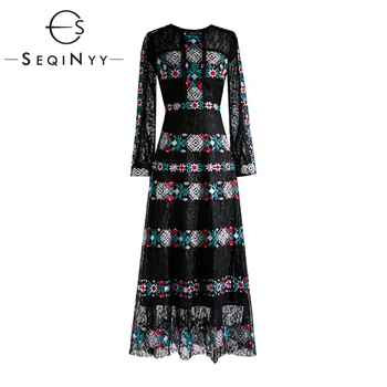 

SEQINYY Elegant Long Dress 2020 Early Spring Summer New Fashion Design Women Lace High Quality Embroidery Flowers Black Dress