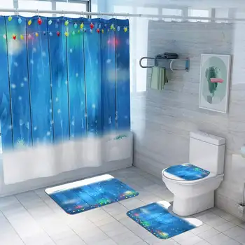 

180x180cm Christmas Bell Shower Curtain Set Durable Waterproof Non-slip Bathing Floor Mat Set With 12 Hooks Bathroom Decoration