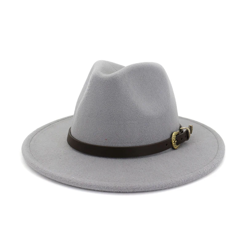 Light Gray fedora FS Новая Зимняя шерстяная джазовая шляпа для женщин и мужчин с поясом, фетровая Кепка в британском стиле, Осенние желтые фиолетовые круглые шапки-котелки, 16 цветов - Цвет: Light Gray fedora
