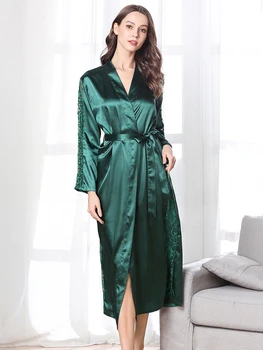 

Silk Satin Kimono Robes Nightgown Female V-Neck Long Sleeve Pajamas Lounge Long Lace Nightwear Bridesmaid Wedding Party Dressing