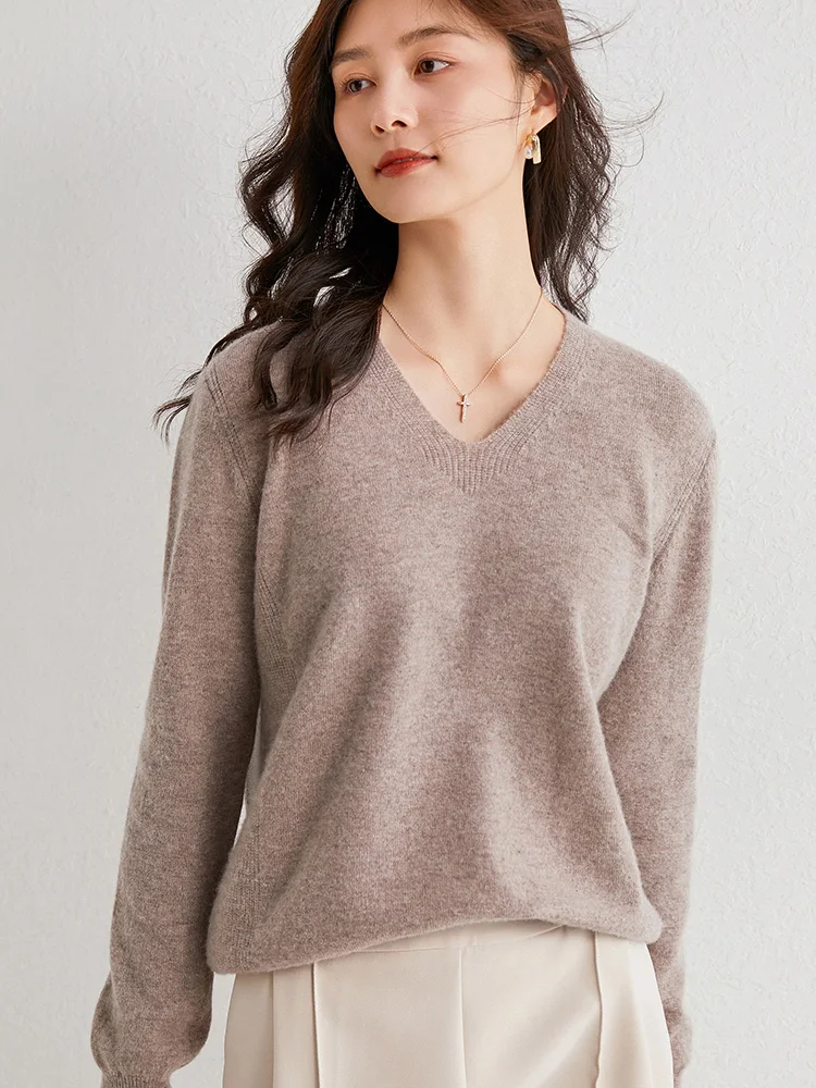 Свитер женский из 100% шерсти вязаный пуловер с V-образным вырезом и манжетами