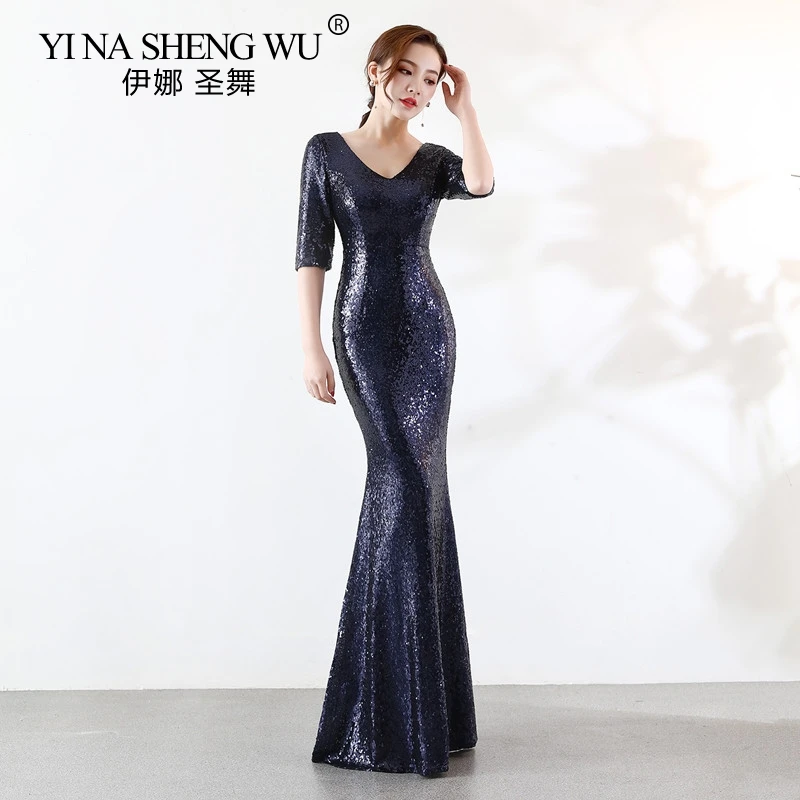New Mermaid Long Dress Sexy V-Neck Half Sleeve Sequined Noble Elegance Formal Party Gown Robe De Mariee Vestito Lungo New Mermaid Long Dress Sexy V-Neck Half Sleeve Sequined Noble Elegance Formal Party Gown Robe De Mariee Vestito Lungo