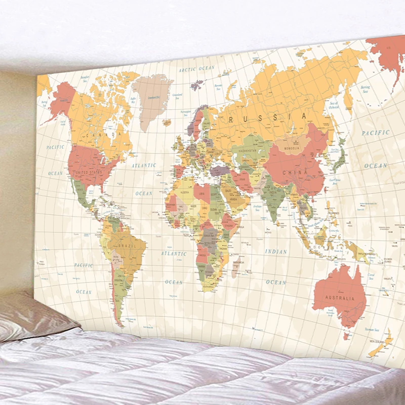 Nordic Style World Map Tapestry Wall Hanging High Definition Map Fabric 